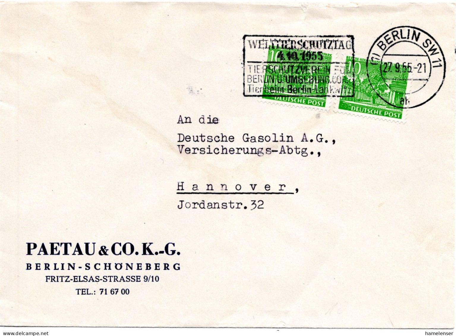 59416 - Berlin - 1955 - 2@10Pfg Bauten A Bf BERLIN - WELTTIERSCHUTZTAG ... -> Hannover - Brieven En Documenten
