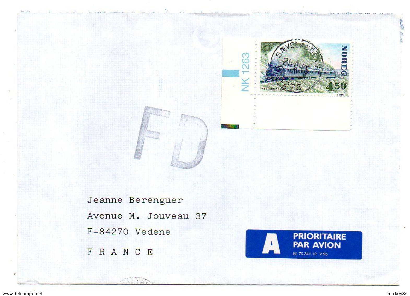 Norvège--1996--SAEVELANDSVIK  Pour VEDENE-84 (France)--timbre Train  Seul Sur Lettre..cachet--griffe FD - Briefe U. Dokumente