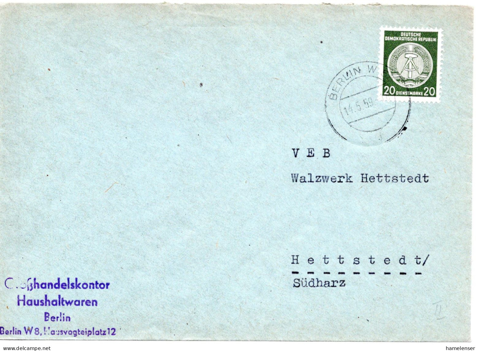 59417 - DDR / Dienst - 1959 - 20Pfg Zirkel Rechts EF A Bf BERLIN -> Hettstedt - Lettres & Documents