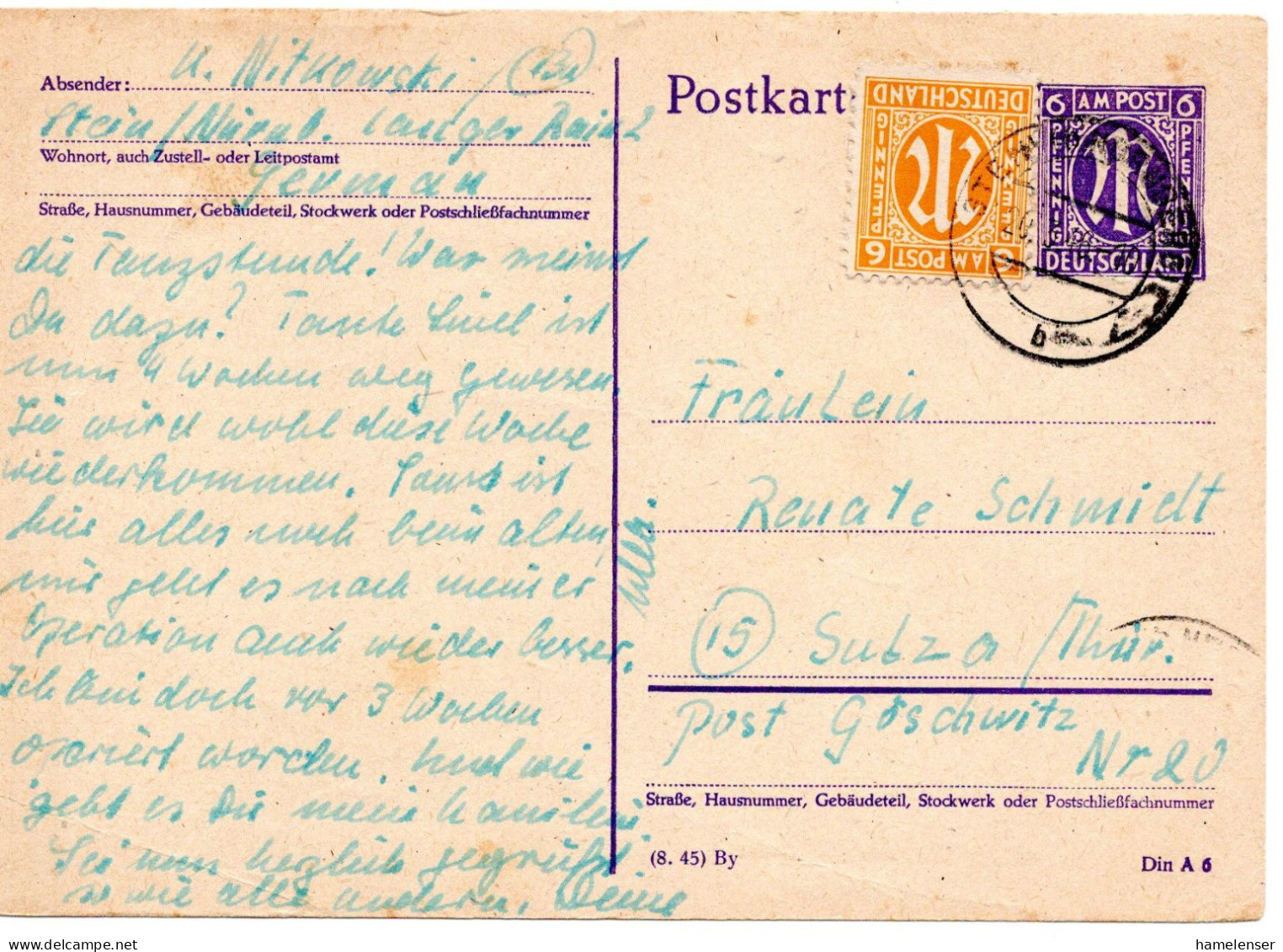 59419 - Bizone - 1946 - 6Pfg GAKte AM-Post M ZusFrankatur STEIN -> SBZ - Otros & Sin Clasificación