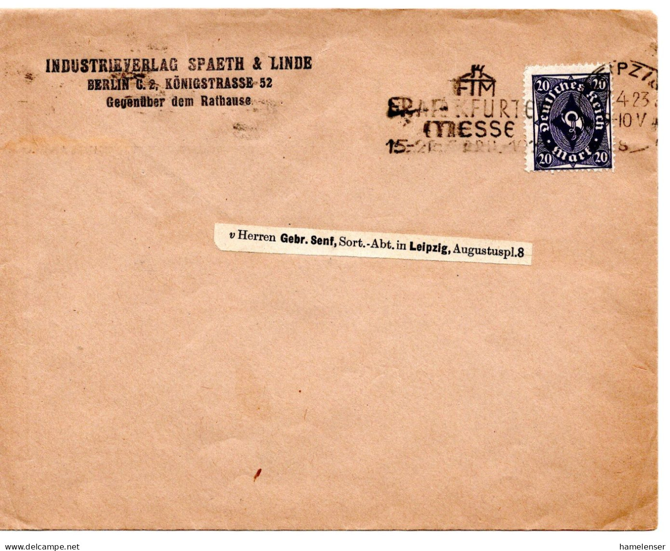 59421 - Deutsches Reich - 1923 - 20M Posthorn EF A OrtsBf LEIPZIG - FRANKFURTER MESSE ... - Covers & Documents