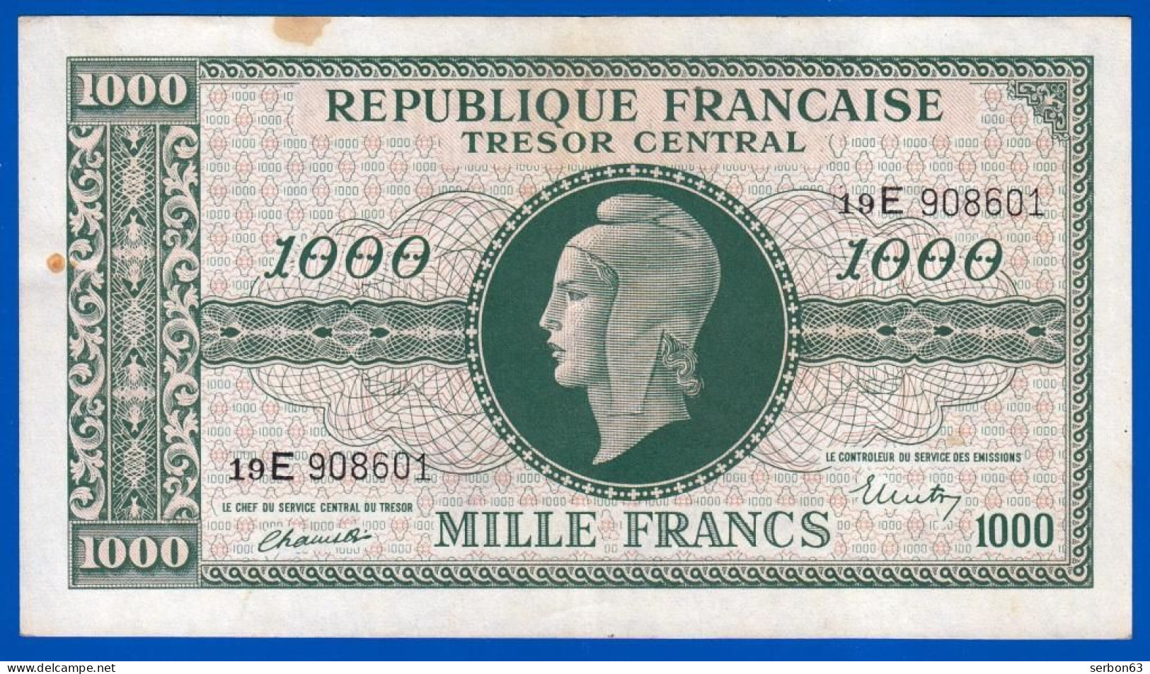 1000 FRANCS MARIANNE BILLET DU TRÉSOR DU 4 JUIN 1945 RÉPUBLIQUE FRANÇAISE N° 19 E 908601 TÂCHES Serbon63 - 1943-1945 Maríanne