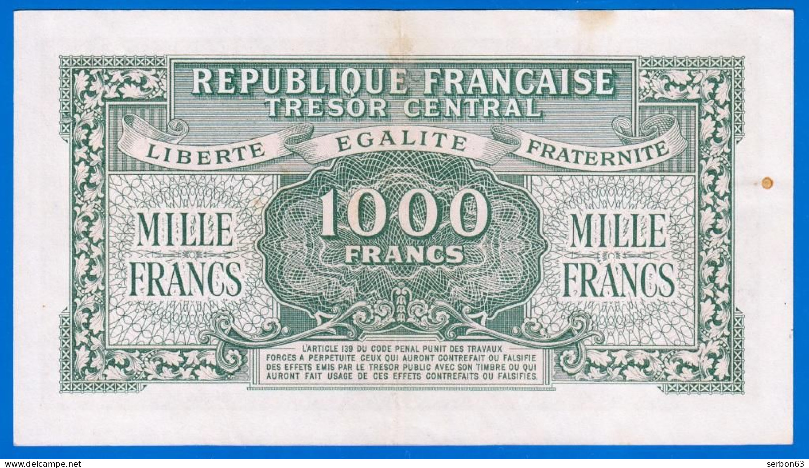 1000 FRANCS MARIANNE BILLET DU TRÉSOR DU 4 JUIN 1945 RÉPUBLIQUE FRANÇAISE N° 19 E 908601 TÂCHES Serbon63 - 1943-1945 Marianna