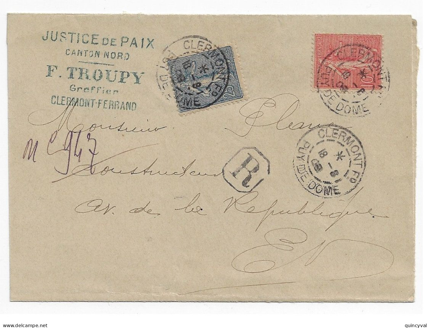 CLERMONT Puy De Dôme Lettre Recommandée Justice De Paix Semeuse Lignée 10c 25c Yv 129 132 Ob 1908 - Mechanical Postmarks (Other)