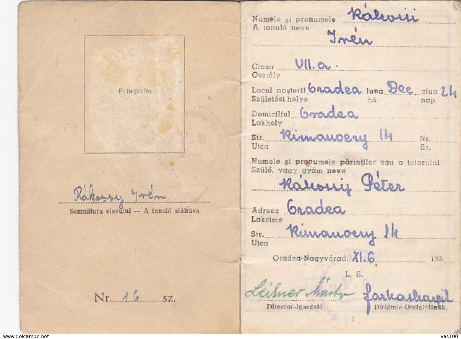 SCHOOL REPORTS, STUDENT IDENTITY BOOK, ORADEA ELEMENTARY SCHOOL, 1953, ROMANIA - Diplômes & Bulletins Scolaires