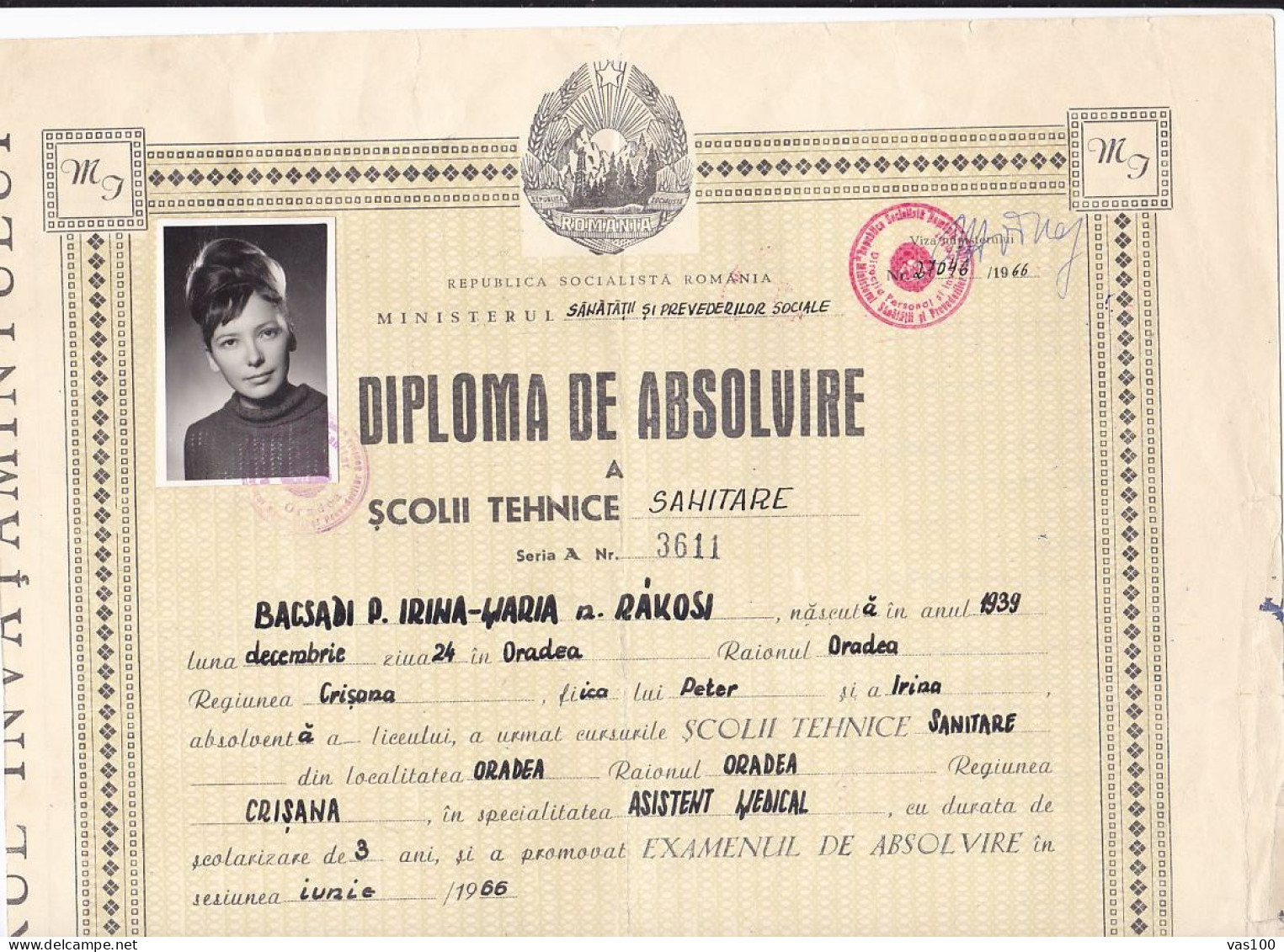 GRADUATION DIPLOMA, ORADEA SANITARY SCHOOL, MEDICAL NURSE, 1966, ROMANIA - Diplômes & Bulletins Scolaires