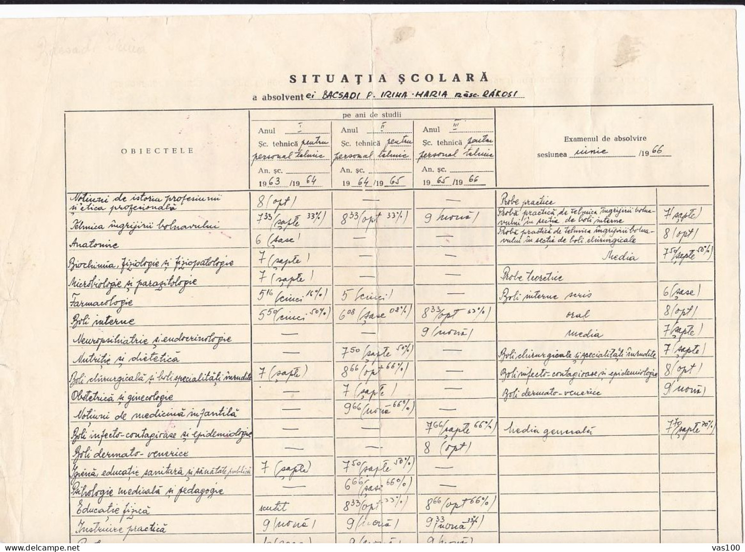 GRADUATION DIPLOMA, ORADEA SANITARY SCHOOL, MEDICAL NURSE, 1966, ROMANIA - Diplômes & Bulletins Scolaires