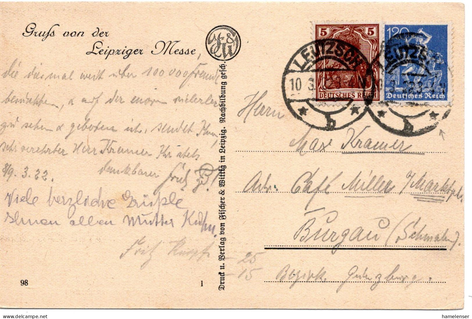 59445 - Deutsches Reich - 1922 - 120Pfg Arbeiter MiF A AnsKte LEUTZSCH -> Burgau - Brieven En Documenten