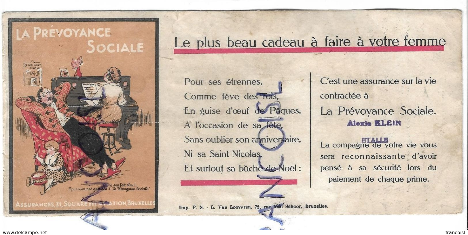 La Prévoyance Sociale: Le Plus Beau Cadeau à Faire à Votre Femme. Enfant, Tambour, Femme, Piano, Homme Fauteuil Et Pipe - Bank & Versicherung