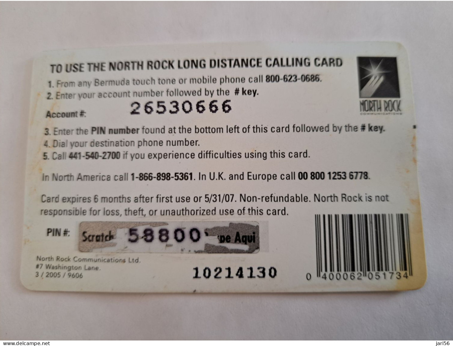 BERMUDA  $10,-,-NORTH ROCK   BERMUDA / PARASOL ON BEACH /  3/2005/   PREPAID CARD  Fine USED  **14794** - Bermudes