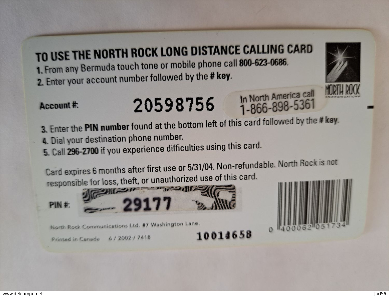 BERMUDA  $10,-,-NORTH ROCK   BERMUDA / PARASOL ON BEACH /  6/2002/   PREPAID CARD  Fine USED  **14795** - Bermude