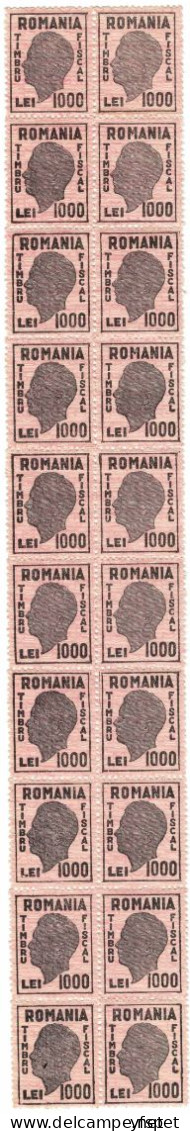 Revenue Stamp `Mihai I` 1940s - 1000 Lei X20 - Fiscaux