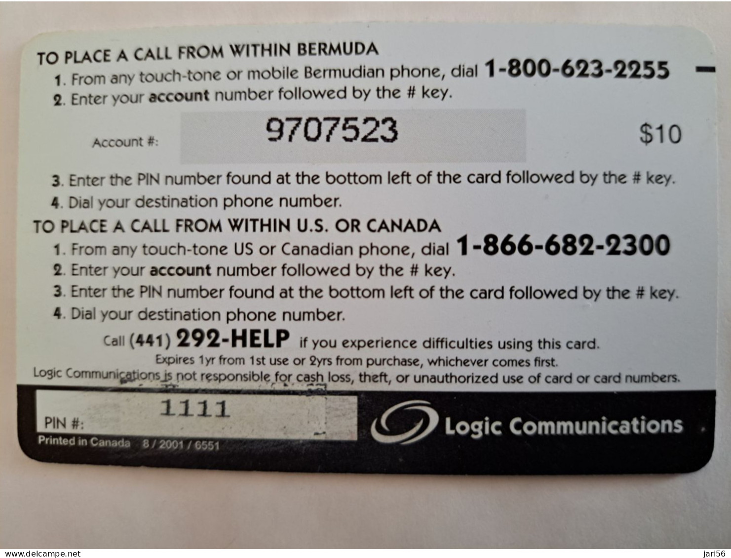 BERMUDA  $10,-  BERMUDA    LOGIC   BLACK STAR  / 8/2001       PREPAID CARD  Fine USED  **14806** - Bermudas