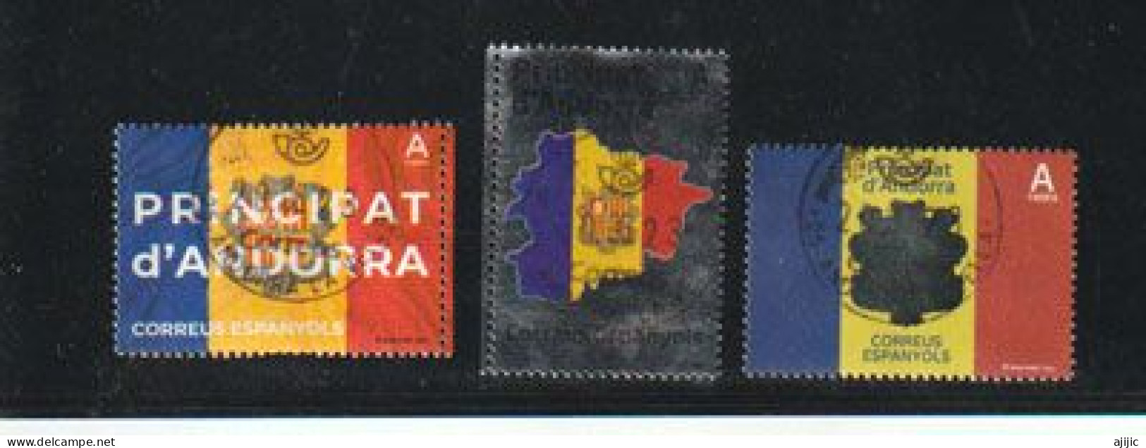 ANDORRA.  FLAGS/ BANDERAS / DRAPEAUX.  3 Timbres Oblitérés, Cancelado,  1ra Calidad - Oblitérés