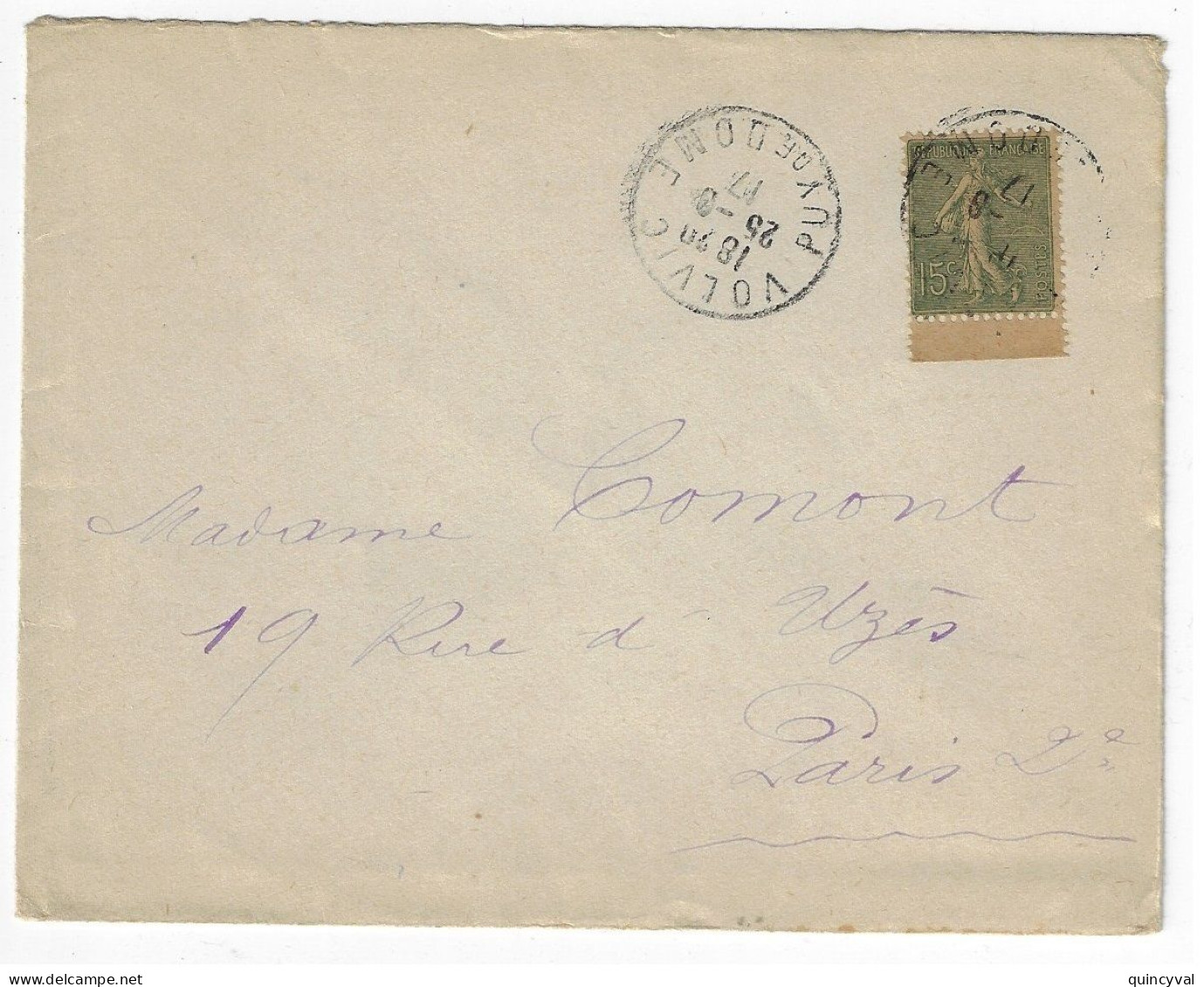 VOLVIC Puy De Dôme Lettre 15c Semeuse Lignée De Carnet Papier GC Yv 130 Ob 1917 - 1903-60 Sower - Ligned