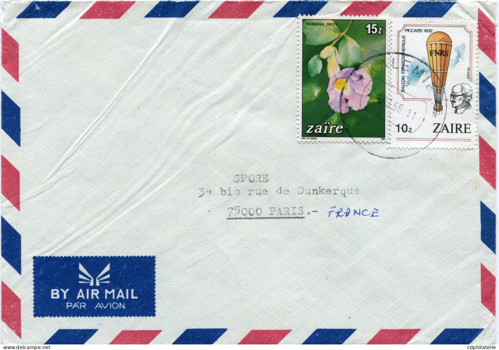 ZAIRE LETTRE PAR AVION DEPART KALEMIE ?-3-86 POUR LA FRANCE - Cartas & Documentos