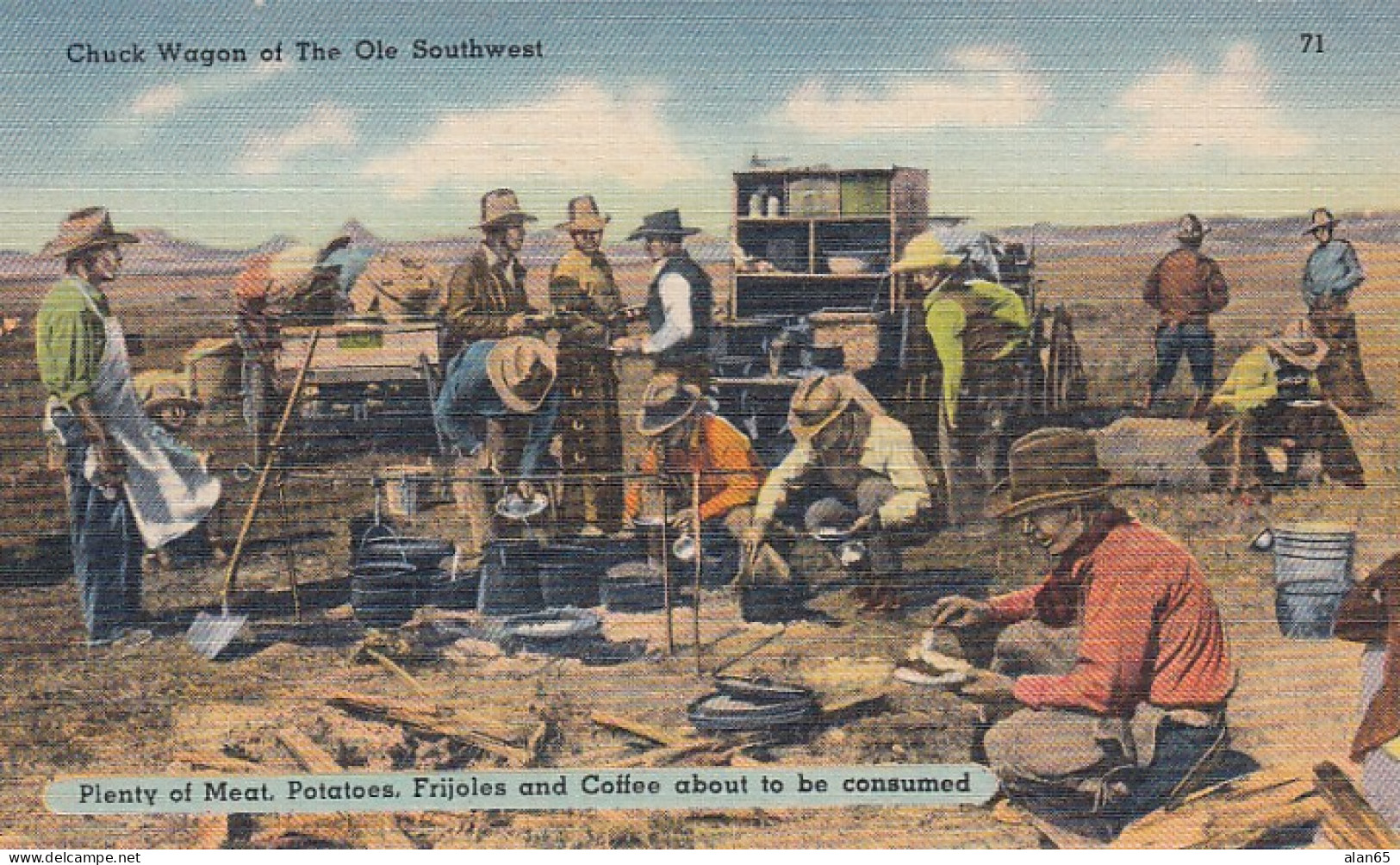 Old West Theme, Chuck Wagon Cowboys Eating Meal, C1930s/40s Vintage Linen Postcard - Autres & Non Classés