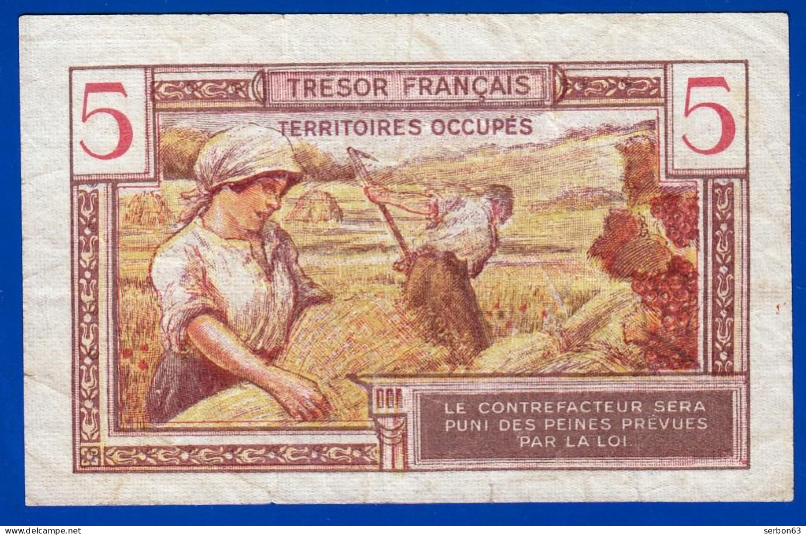 5 FRANCS BILLET DU TRÉSOR FRANÇAIS EMISSION POUR LES TERRITOIRES OCCUPES 1947 A. 02957197 Serbon63 - 1947 French Treasury