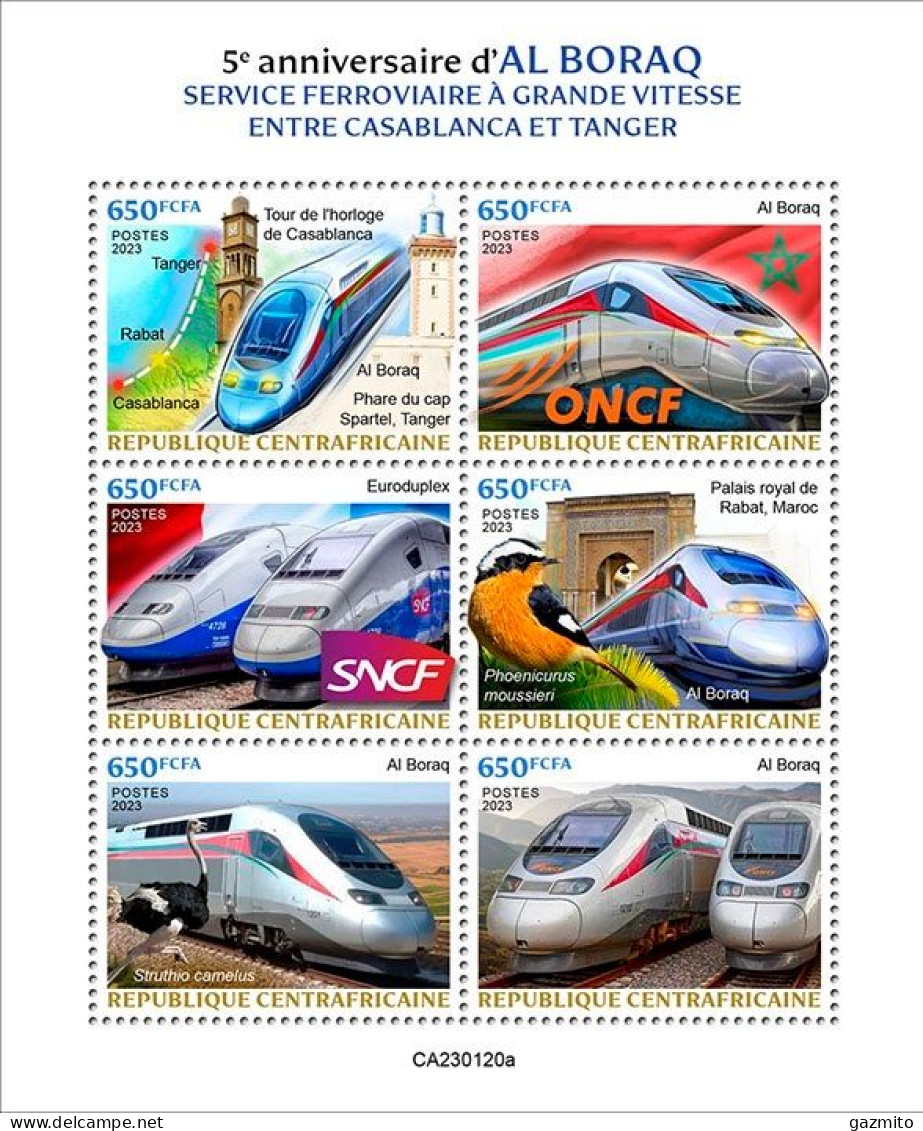 Centrafrica 2023, Trains In Morocco, Ostrich, Bird, Clock, 6val In BF - Avestruces