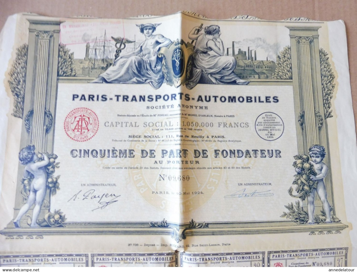 Année 1924 Action Au Porteur N° 10,668 PARIS-TRANSPORTS -AUTOMOBILES ,1/5e De Part De Fondateur :dim.40 X 33cm Hors Tout - Verkehr & Transport