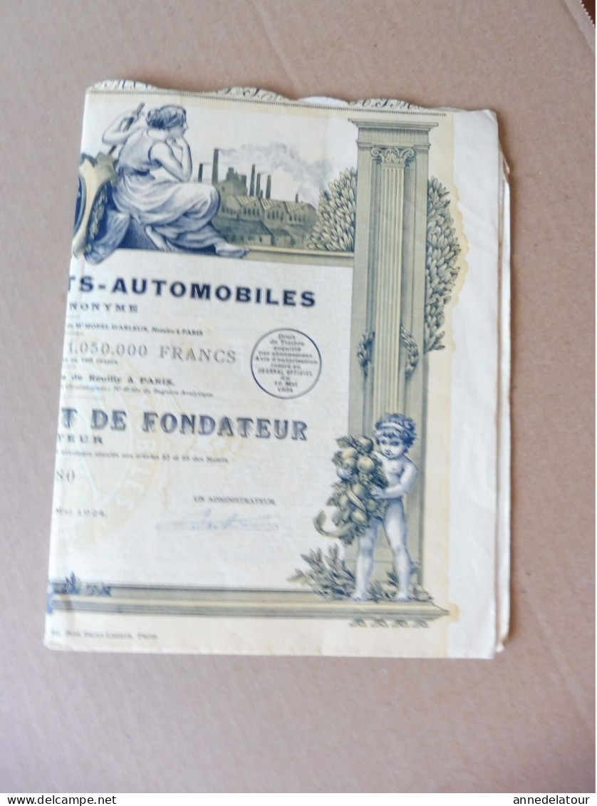 Année 1924 Action au porteur N° 10,668 PARIS-TRANSPORTS -AUTOMOBILES ,1/5e de Part de Fondateur :dim.40 x 33cm hors tout