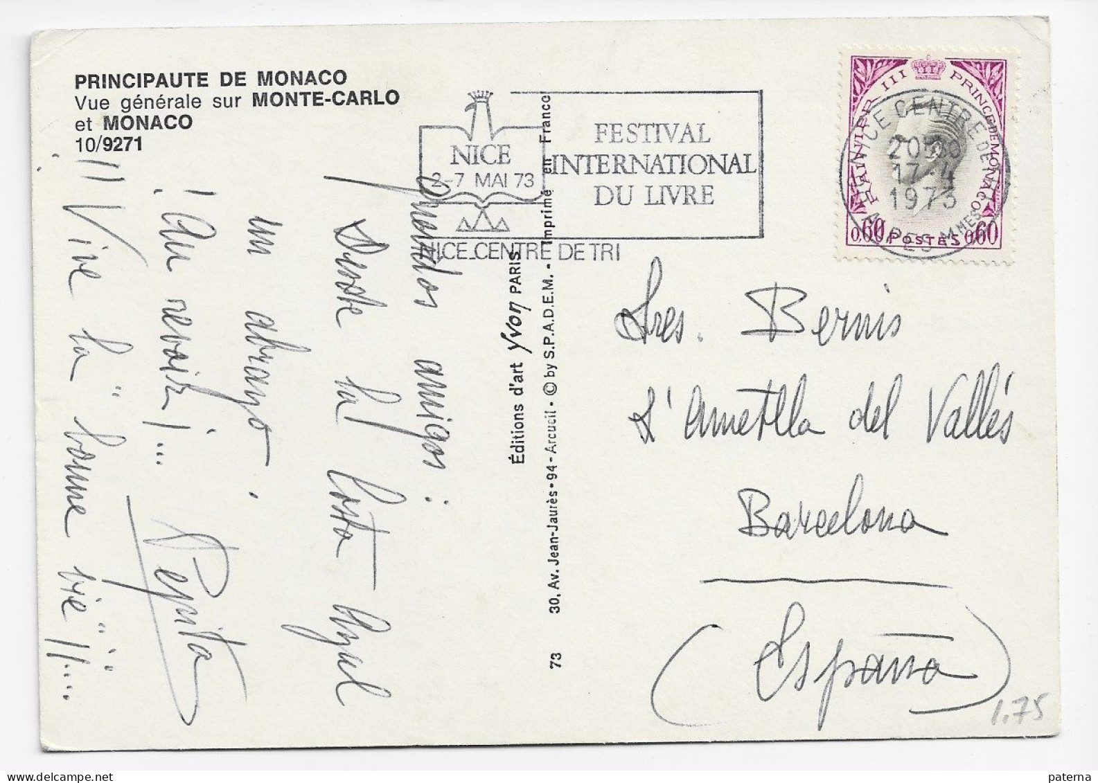 3803  Postal Monaco  1973, Flamme , Festival International Du Livre,, Festival Internacional Del Libro, - Lettres & Documents