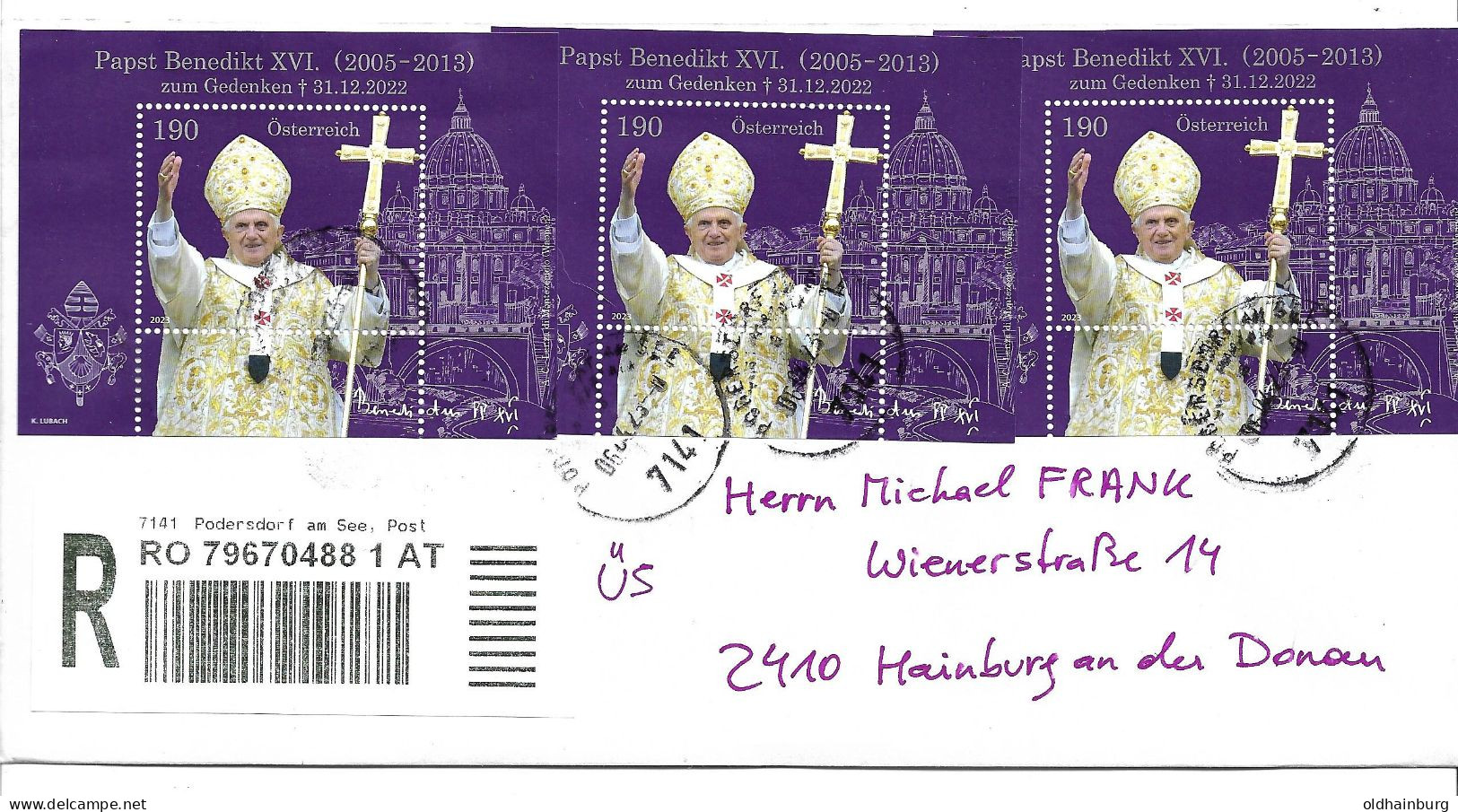 0405d: Österreich 2022: ANK 3719/ Bl. 138: Papst Benedikt Seltene MeF Reko- Übernahmschein Inlandsbrief - Storia Postale