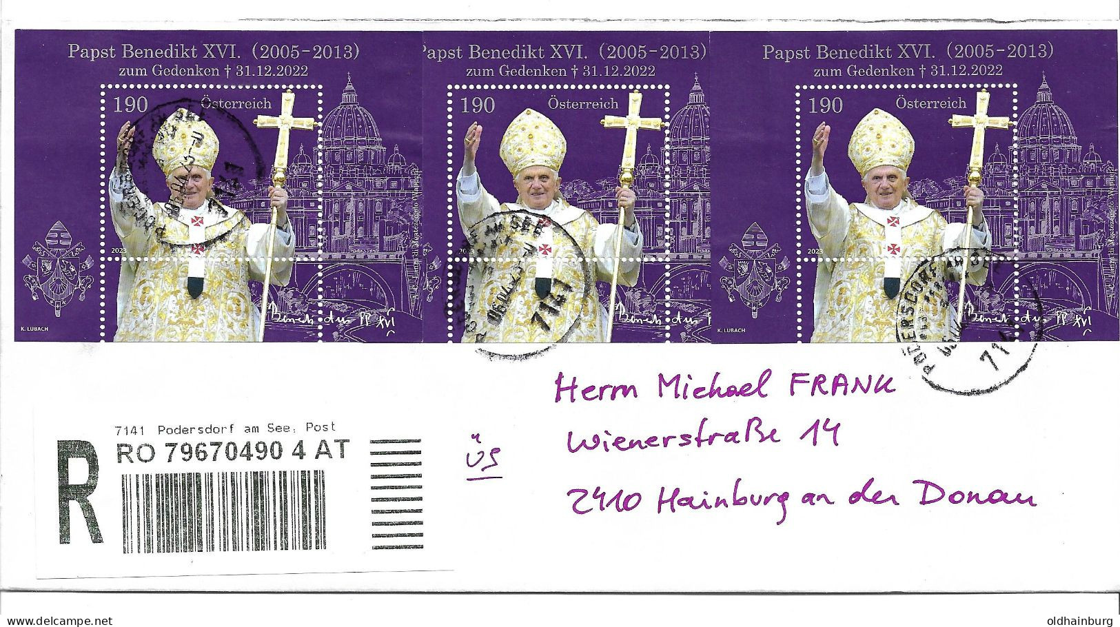 0405c: Österreich 2022: ANK 3719/ Bl. 138: Papst Benedikt Seltene MeF Reko- Übernahmschein Inlandsbrief - Used Stamps