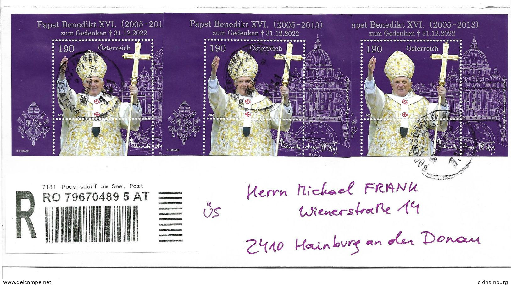 0405b: Österreich 2022: ANK 3719/ Bl. 138: Papst Benedikt Seltene MeF Reko- Übernahmschein Inlandsbrief - Abarten & Kuriositäten