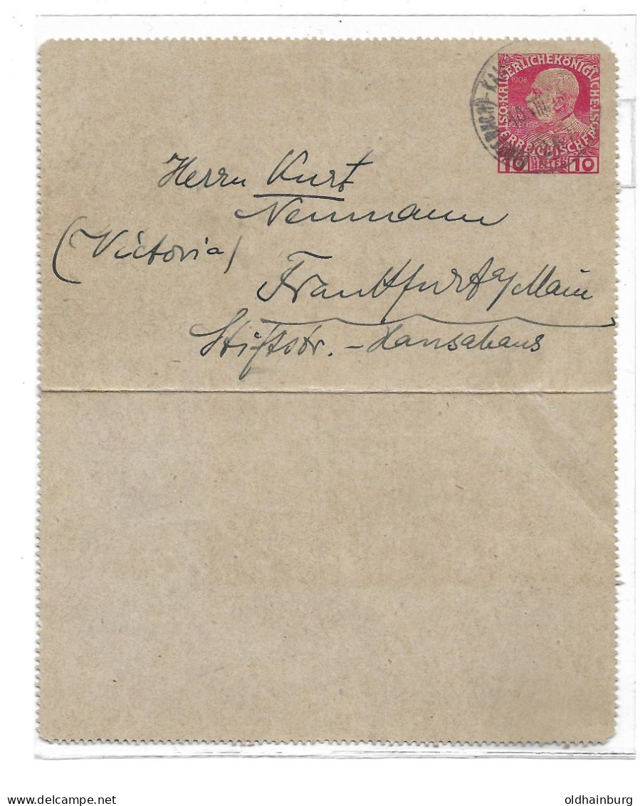 0405r: Kartenbrief Ausgabe 1908, ANK 51, Nach Frankfurt Gelaufen - Letter-Cards