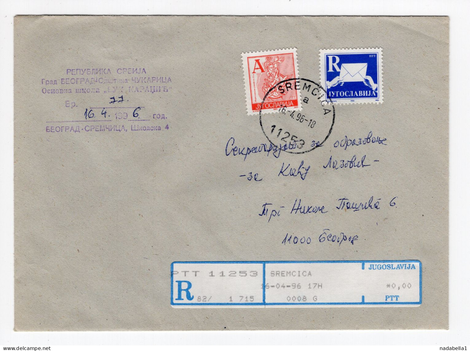 1996. YUGOSLAVIA,SERBIA,SREMCICA,RECORDED COVER TO BELGRADE - Lettres & Documents