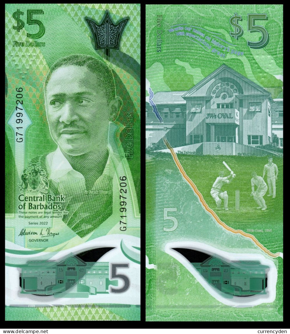 Barbados $5, Frank Worrell / Cricket Facility At University, POLYMER 2022 - Barbades