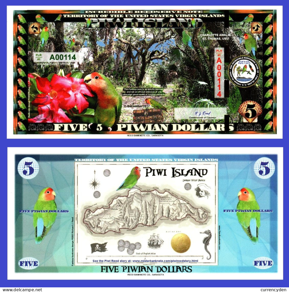 Piwi Islands $5, Piwi At St. Thomas, Gold Foil Segmented Security Strip UNC - Other - Oceania