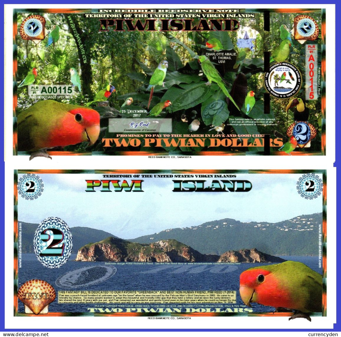 Piwi Islands $2, Exotic Birds In Jungle, Gold Foil Segmented Security Strip UNC - Altri – Oceania