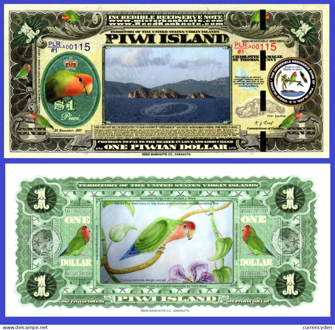 Piwi Islands $1, Lovebird "Piwi", Island, Gold Foil Segmented Security Strip UNC - Other - Oceania
