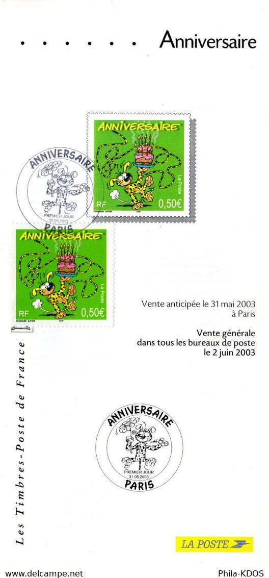 " MARSUPILAMI " Sur Fascicule Publicitaire 1er Jour De 2003. Avec Timbre 1er Jour, Photo Du Timbre + Cachet N° YT 3569 - Bandes Dessinées
