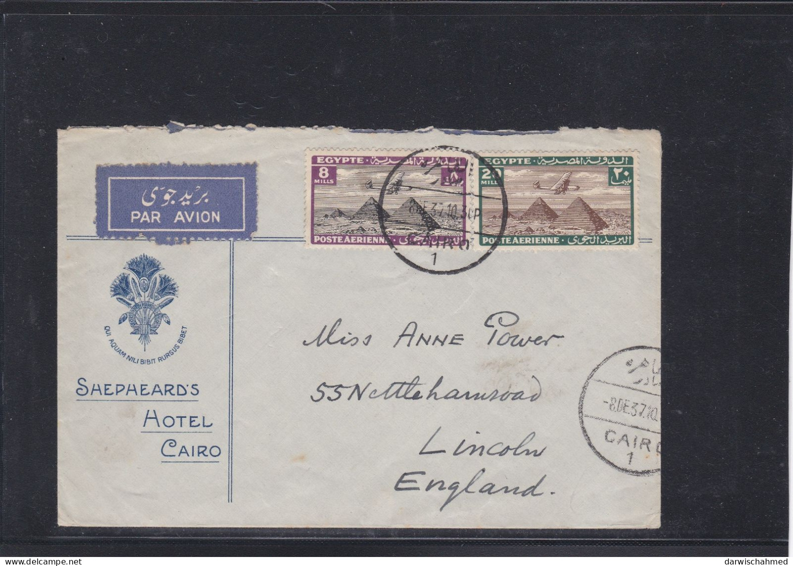 ÄGYPTEN - EGYPT - LUFTPOST - AIR MAIL - FLUGPOST- SHEPHRDS HOTEL CANCEL NACH ENGLAND - Poste Aérienne