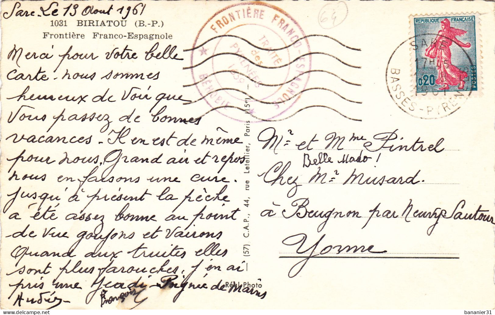 CPSM 64 @ BIRIATOU - Frontière Franco Espagnole En 1961 - Cachet BEHOBIE - Biriatou