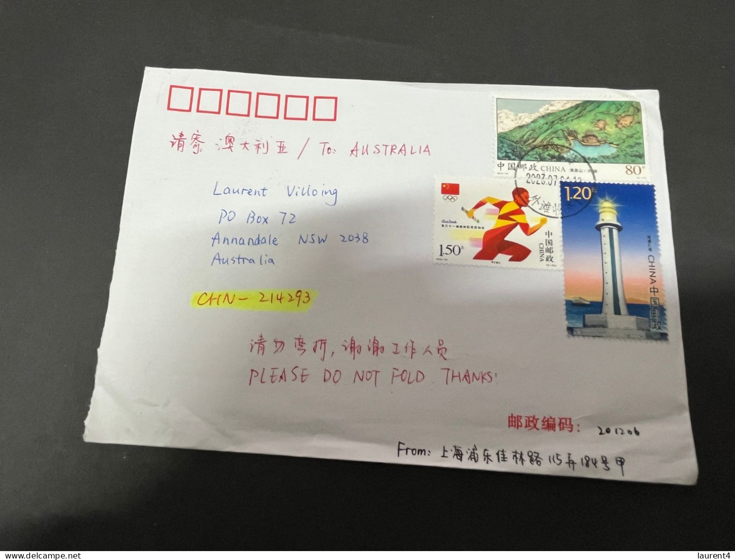 16-8-2023 (2 T 38) Letter Posted 2023 From China To Australia (3 Stamps) 1 Olympic + 1 Lighthouse - Lettres & Documents