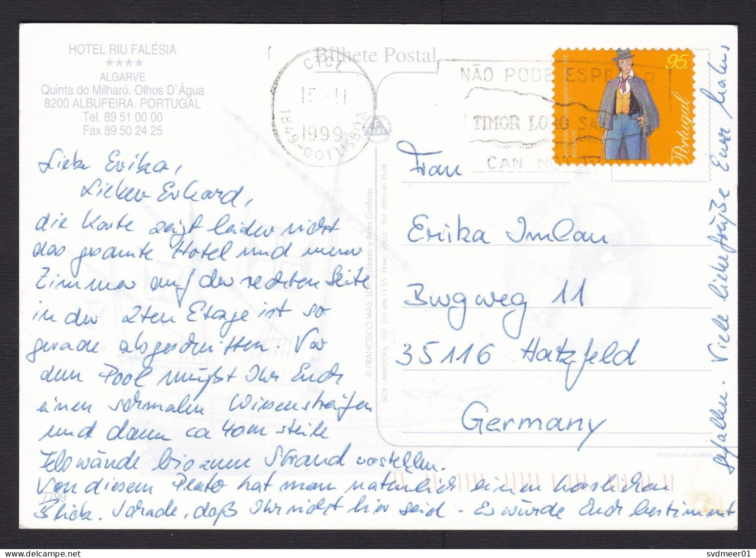 Portugal: Picture Postcard To Germany, 1999, 1 Stamp, Costume, History, Card: RIU Hotel Albufeira (very Small Stain) - Lettres & Documents