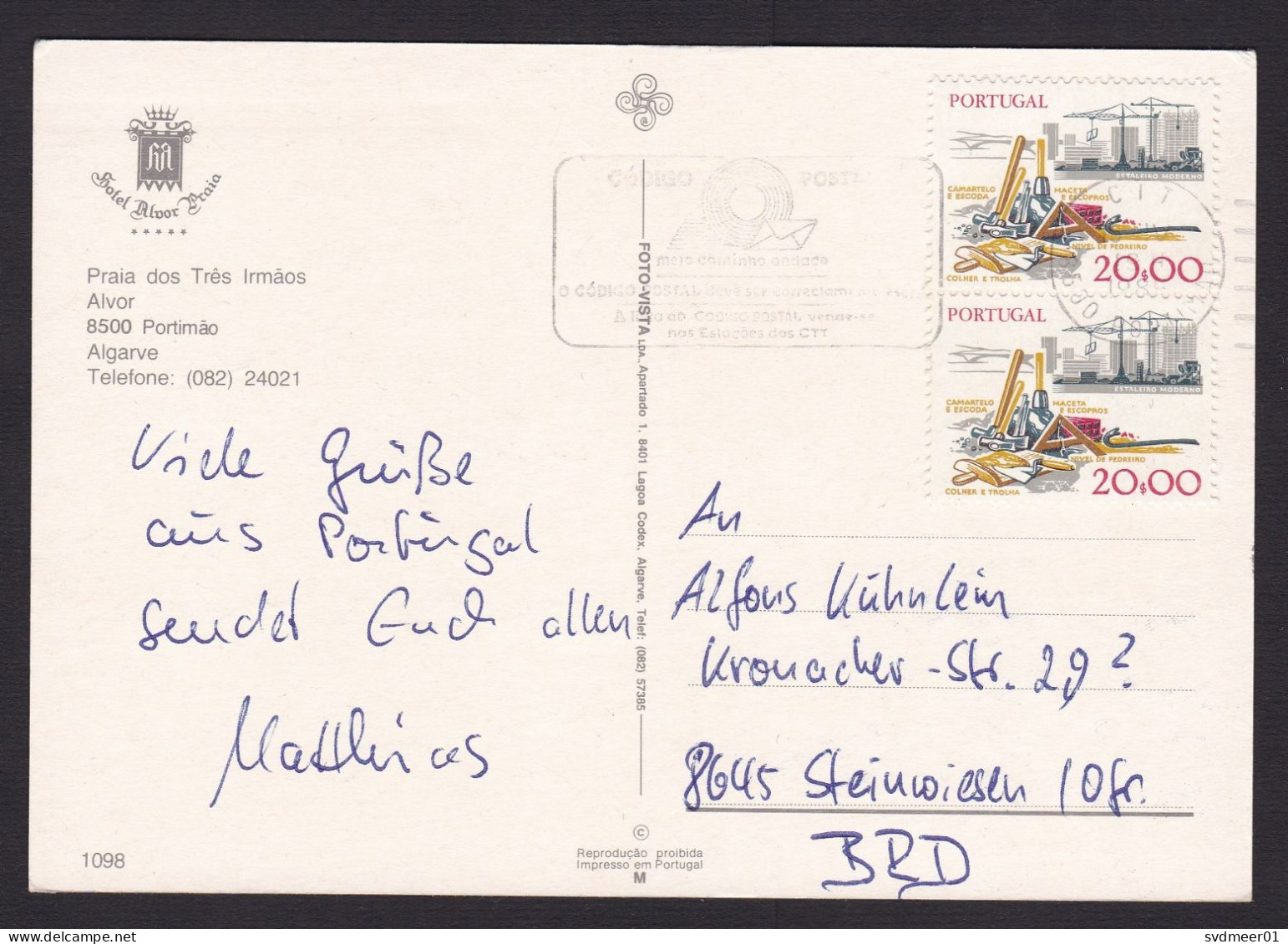 Portugal: Picture Postcard To Germany, 1980s, 2 Stamps, Construction, Card: Hotel Alvor Praia, Portimao (traces Of Use) - Briefe U. Dokumente