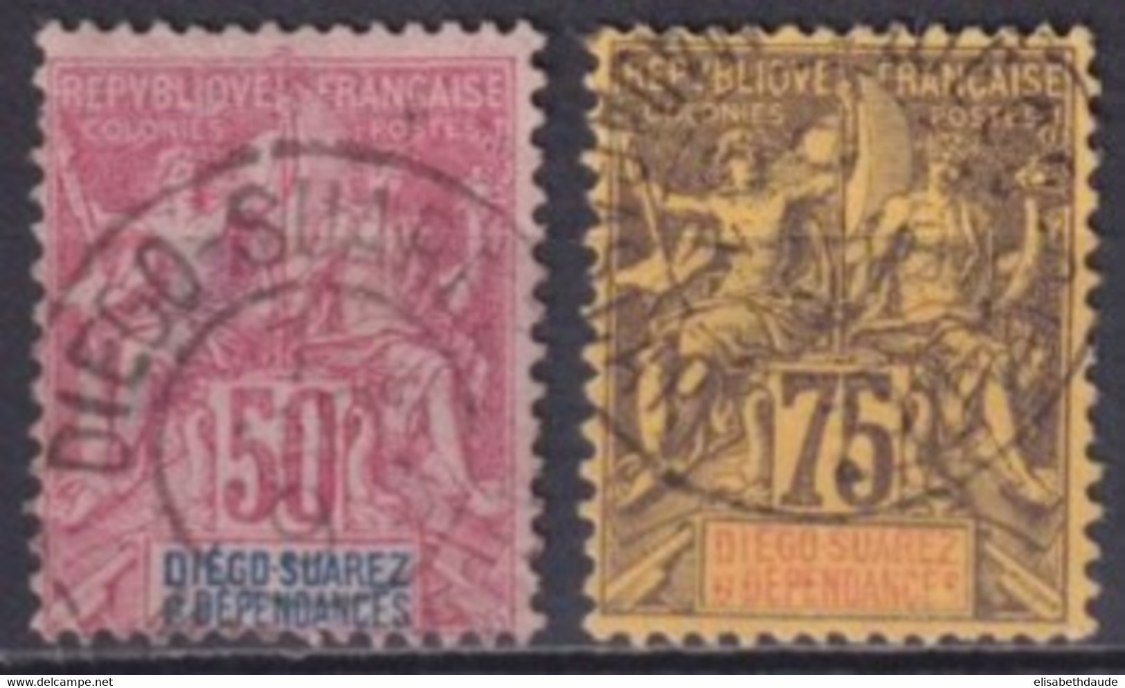 DIEGO SUAREZ - 1892 - YVERT N° 35/36 OBLITERES DEFECTUEUX (AMINCI) - COTE = 95 EUR.- - Usati