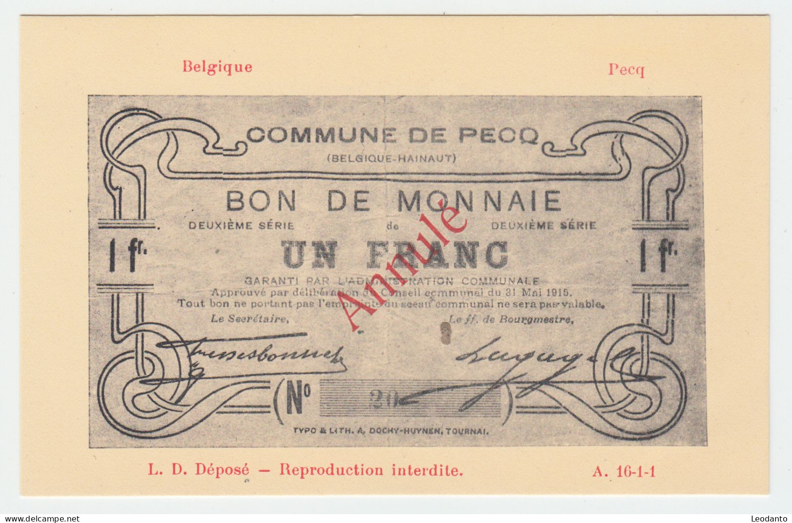PECQ - Bon De Monnaies Un Franc WW1 - Pecq
