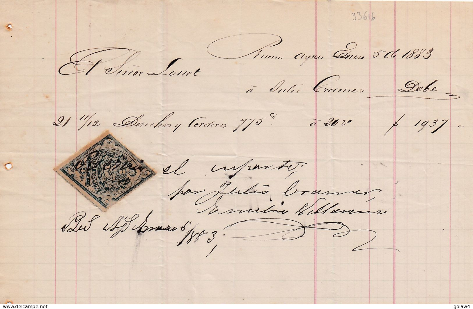 33616# ARGENTINE TIMBRE FISCAL LOSANGE ARGENTINA DOCUMENT BUENOS AIRES 1883 - Storia Postale