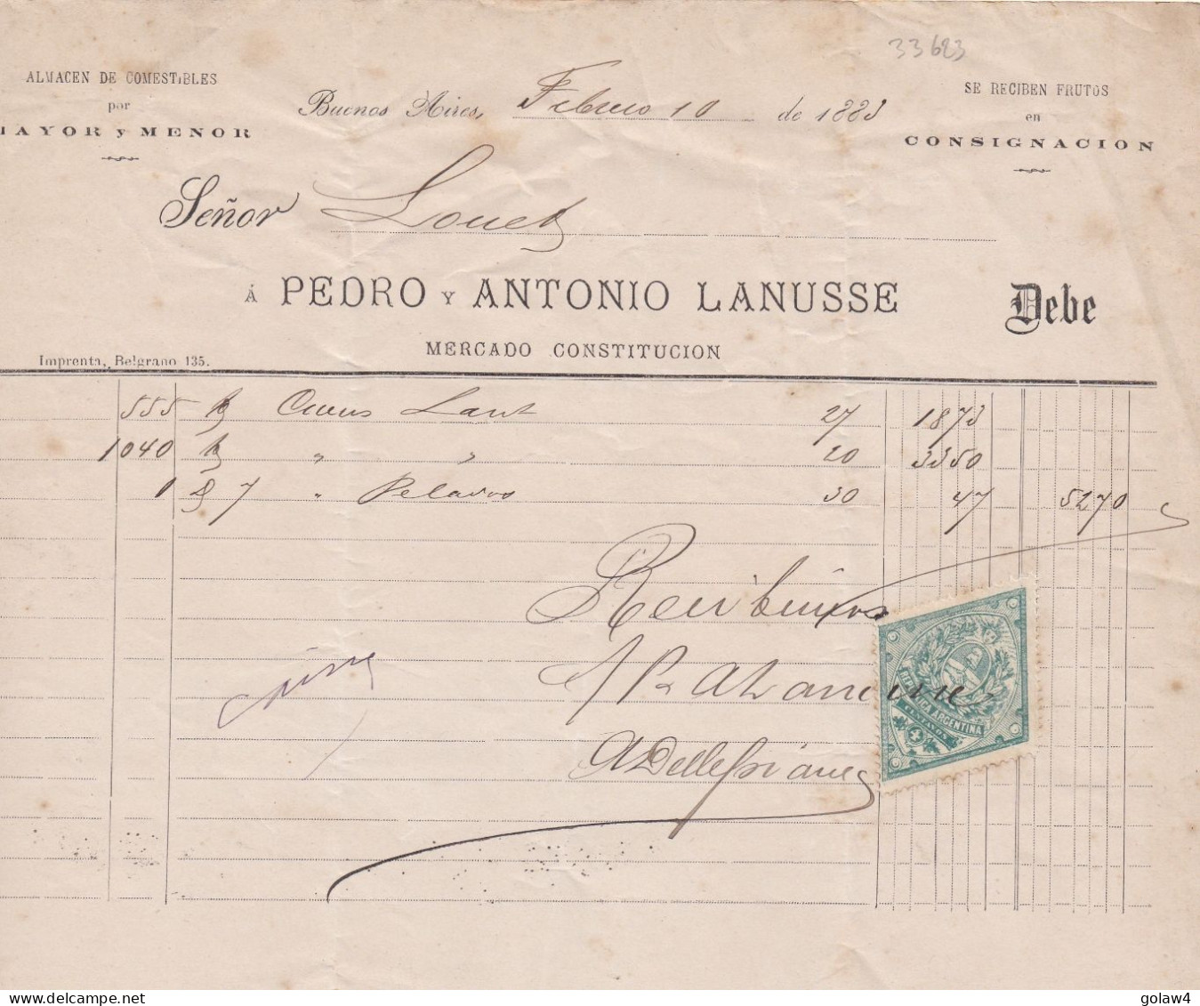 33623# ARGENTINE TIMBRE FISCAL LOSANGE ARGENTINA DOCUMENT BUENOS AIRES 1883 - Storia Postale