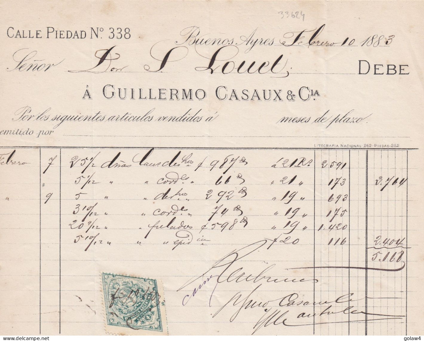 33624# ARGENTINE TIMBRE FISCAL LOSANGE ARGENTINA DOCUMENT BUENOS AIRES 1883 - Brieven En Documenten