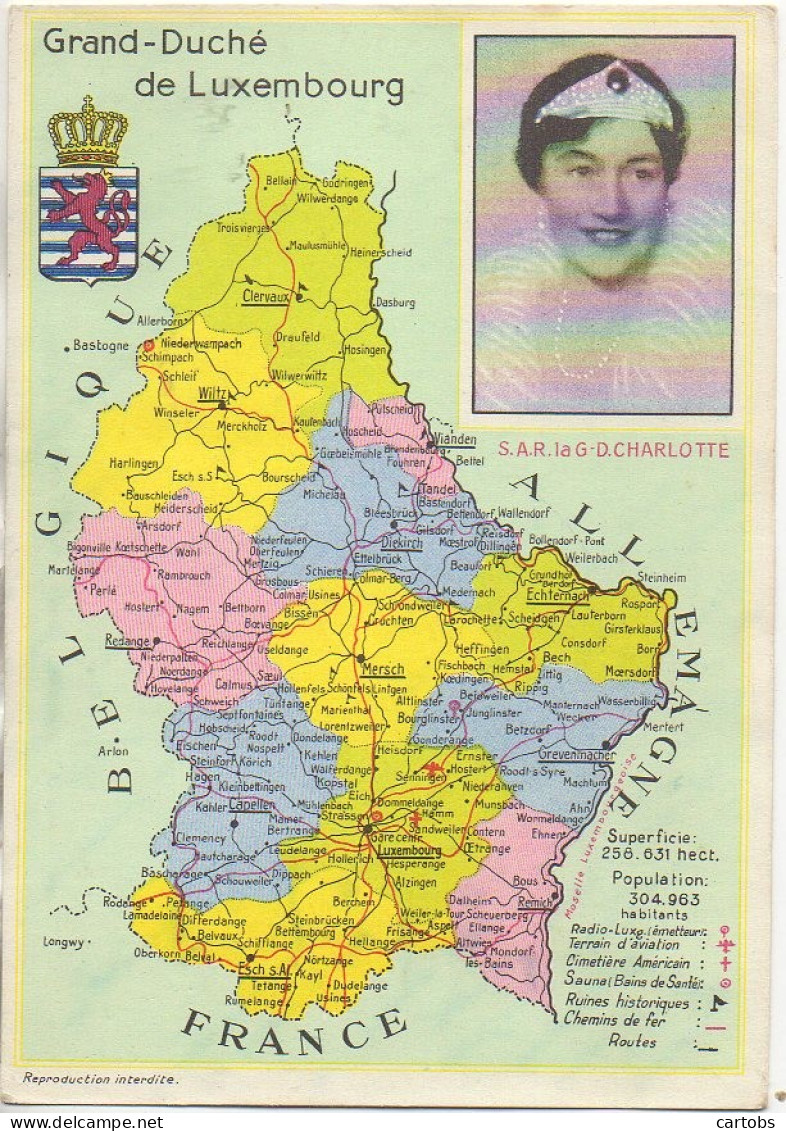 Luxembourg Carte Du Luxembourg Et S.AR La GD Charlotte - Famiglia Reale