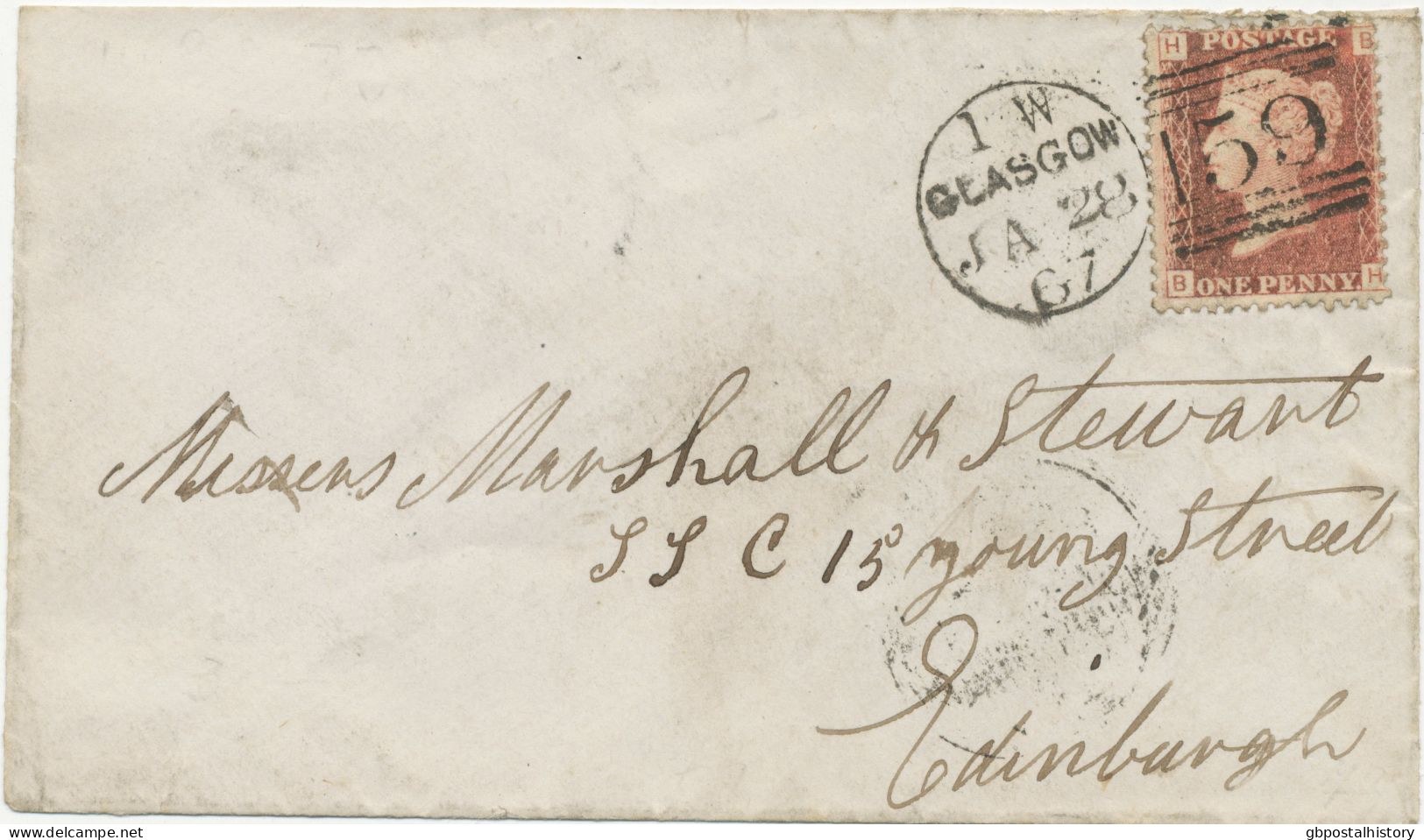 GB „159 / GLASGOW“ Scottish Duplex (6 THIN Bars Same Length, Time Code „1 W“, Datepart 19mm) On Superb Cover W. QV 1d - Lettres & Documents