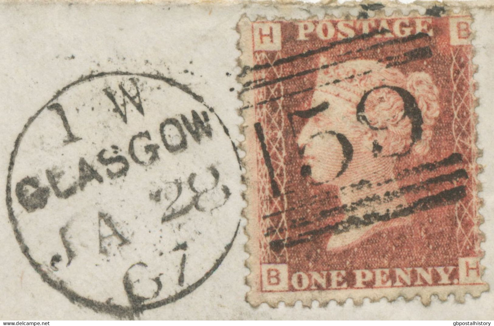 GB „159 / GLASGOW“ Scottish Duplex (6 THIN Bars Same Length, Time Code „1 W“, Datepart 19mm) On Superb Cover W. QV 1d - Briefe U. Dokumente