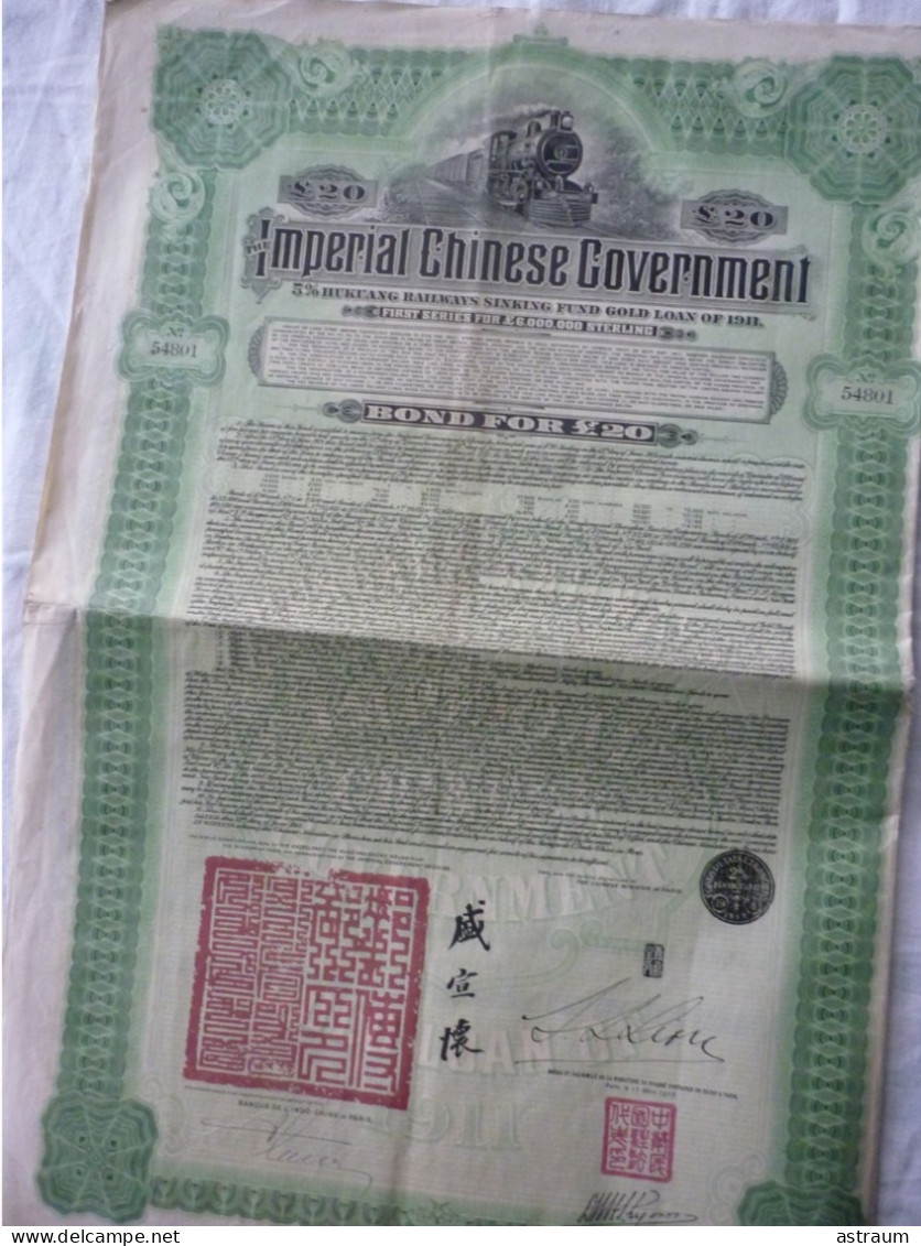 CHINA / IMPERIAL CHINESE GOVERNMENT / 5% HUKUANG RAILWAYS SINKING FIND GOLD LOAN OF 1911 - Asien